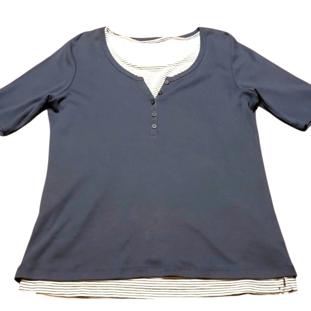 Karen Scott 2-piece Layered Tank Top and T-shirt Set M Navy Blue White NWOT